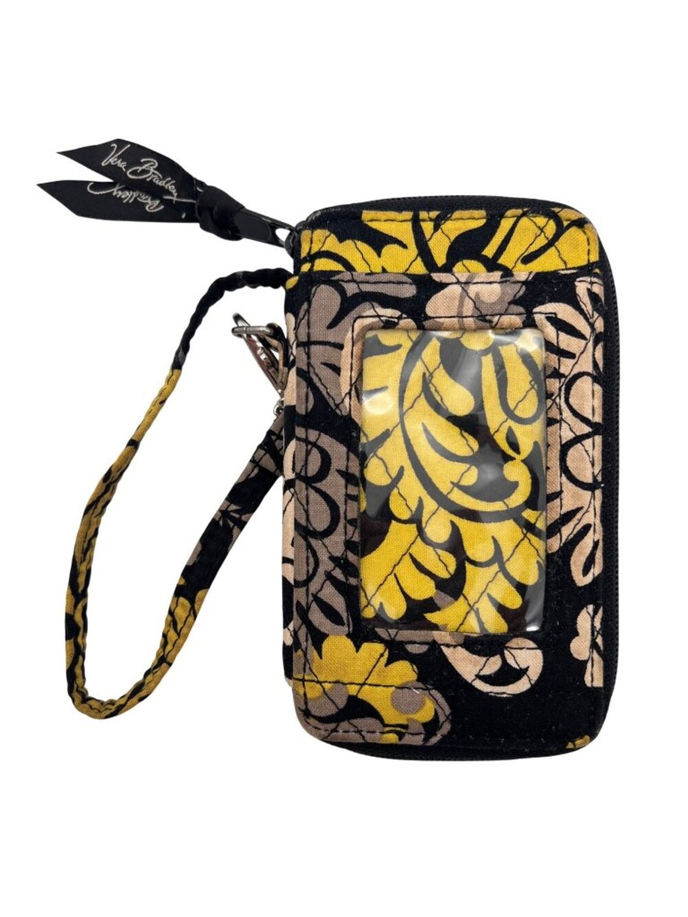 Vera Bradley Black Yellow Floral Print Wristlet Wallet ID Window Slots Zippered